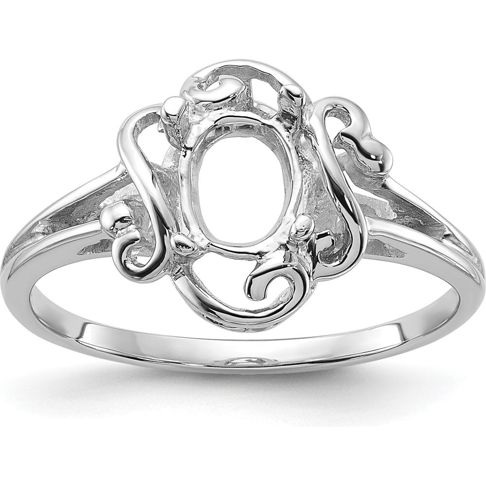 14K White Gold Polished Split Shank Ring Mounting with Ornate Scrollwork for 7x5mm Oval Gemstone by Monteluci Fine Jewelry