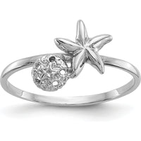 14K White Gold Polished Starfish & Sand Dollar Ring - Rhodium-Plated Coastal Elegance by Oro Pregiato