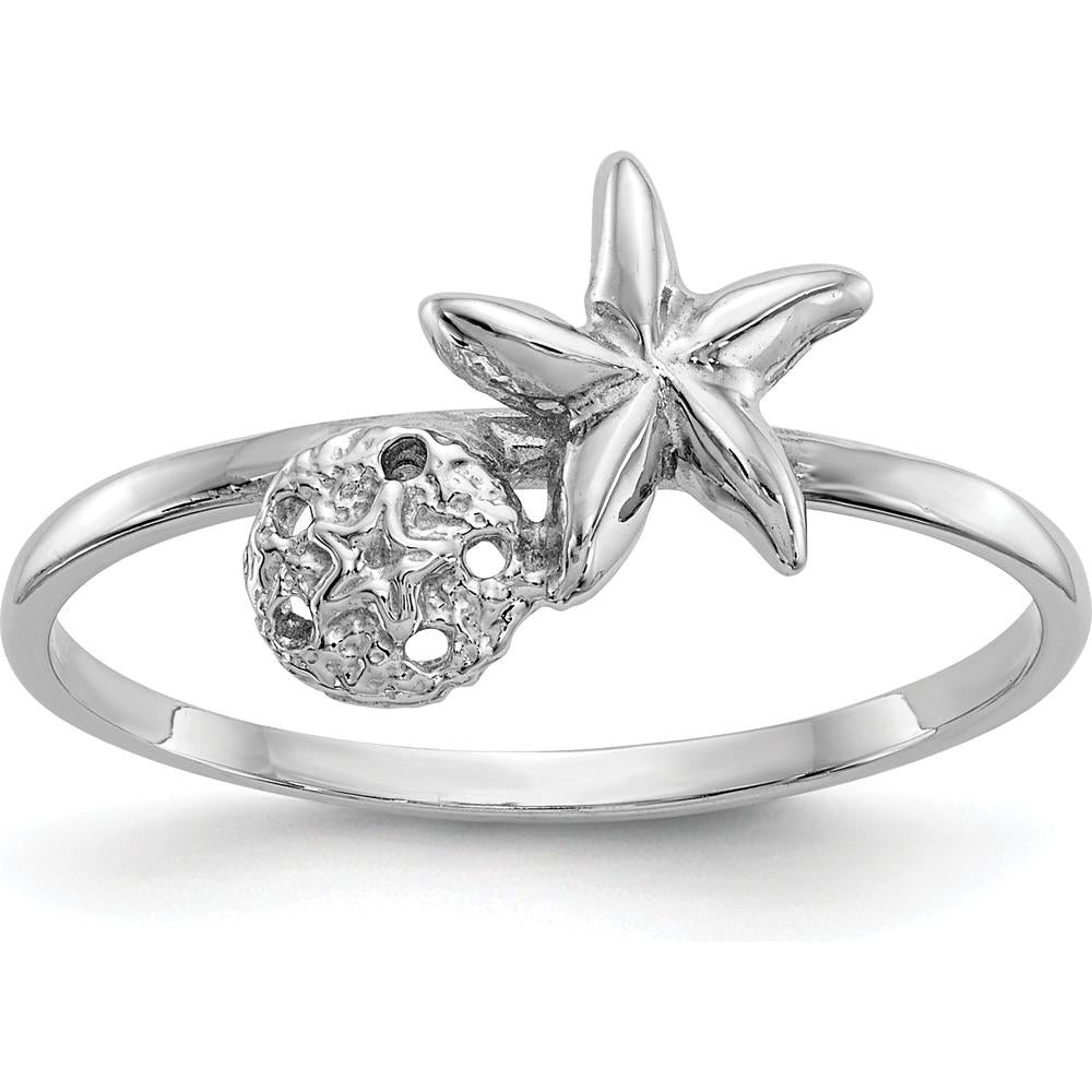 14K White Gold Polished Starfish & Sand Dollar Ring - Rhodium-Plated Coastal Elegance by Oro Pregiato