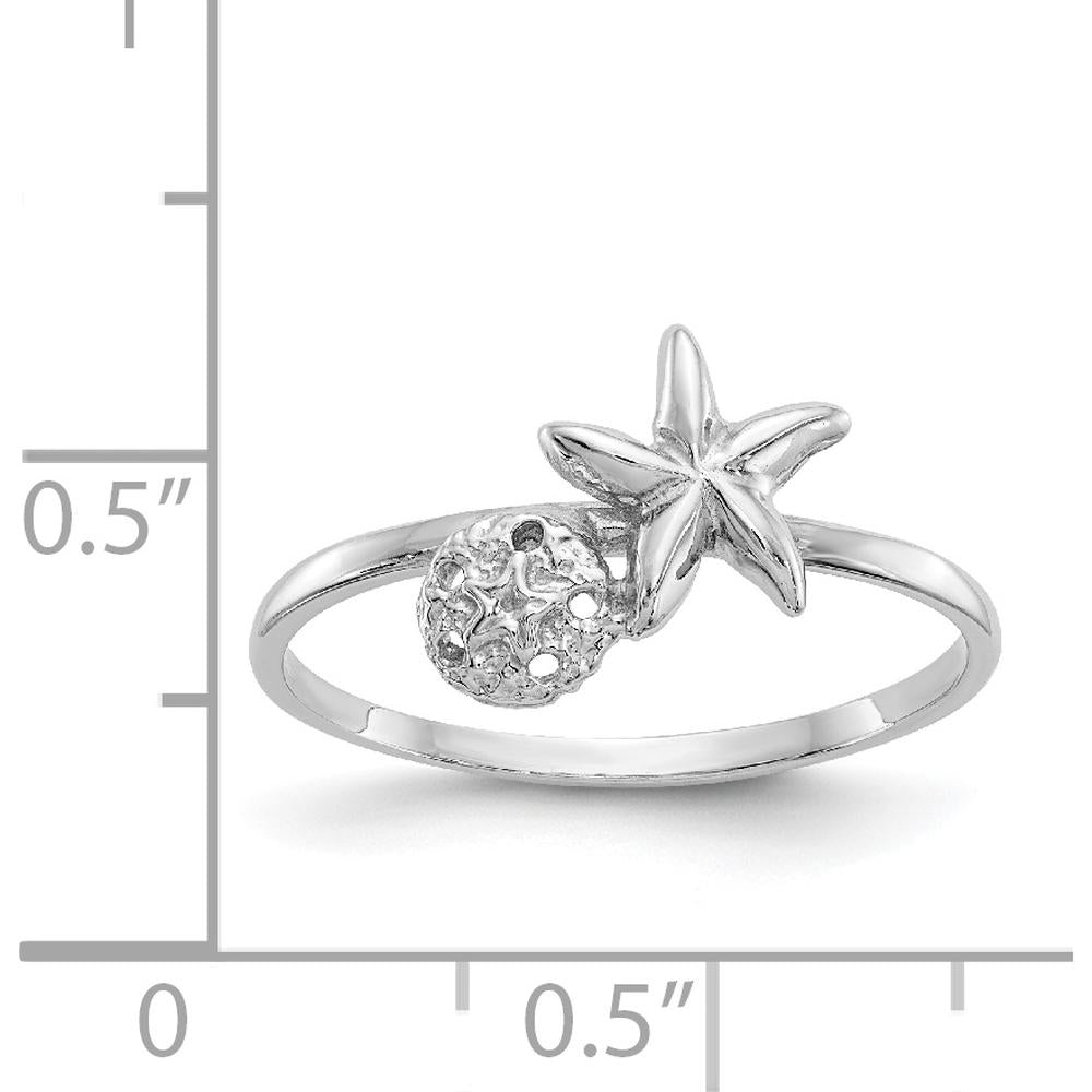 14K White Gold Polished Starfish & Sand Dollar Ring - Rhodium-Plated Coastal Elegance by Oro Pregiato