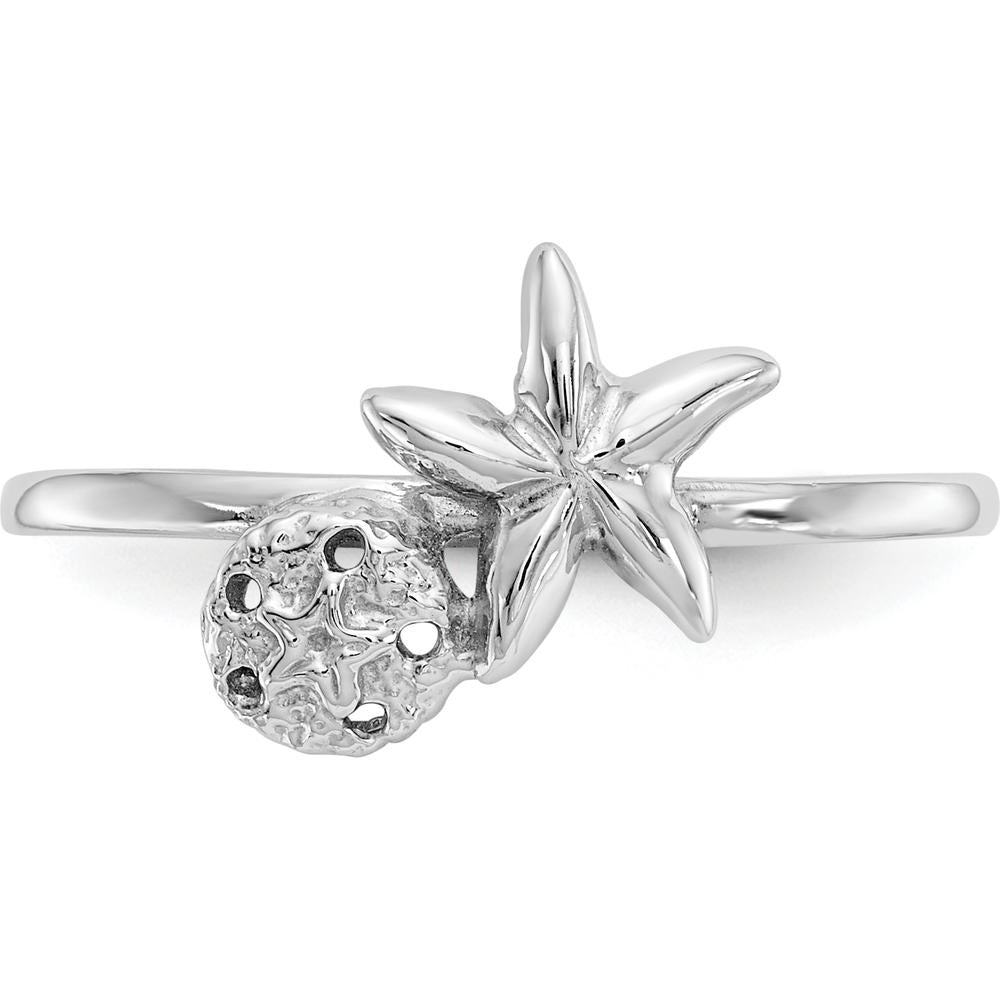 14K White Gold Polished Starfish & Sand Dollar Ring - Rhodium-Plated Coastal Elegance by Oro Pregiato