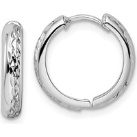 14K White Gold Polished Textured 3x15mm Hinged Hoop Earrings - Timeless Elegance in Rhodium Finish by 0