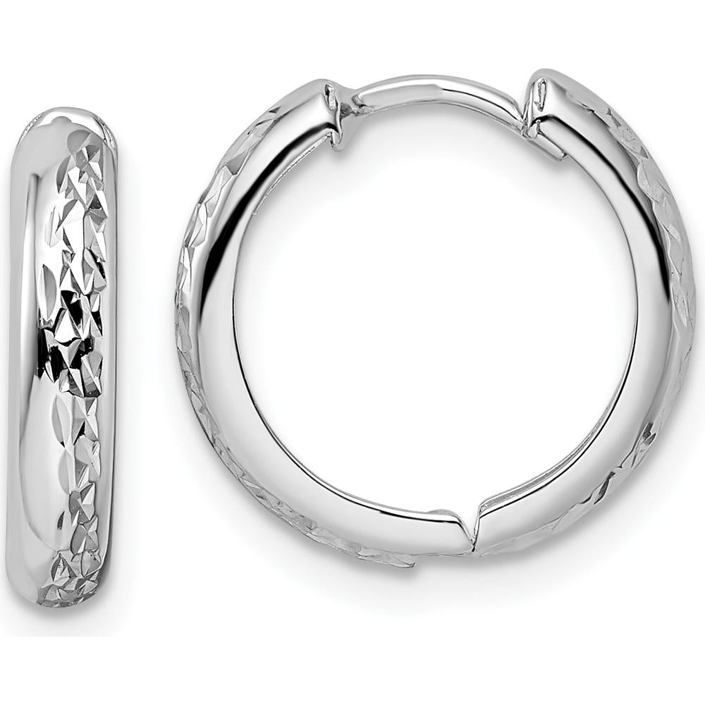 14K White Gold Polished Textured 3x15mm Hinged Hoop Earrings - Timeless Elegance in Rhodium Finish by 0