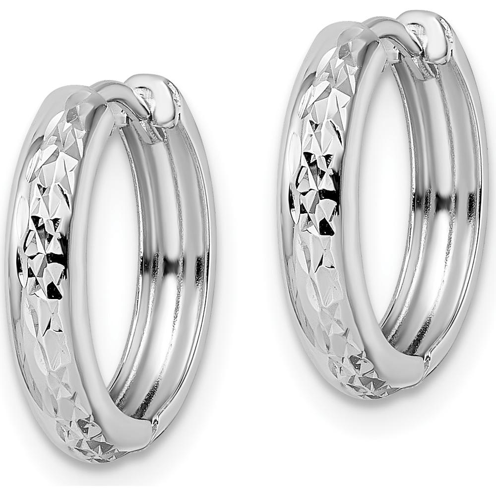 14K White Gold Polished Textured 3x15mm Hinged Hoop Earrings - Timeless Elegance in Rhodium Finish by 0