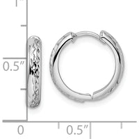14K White Gold Polished Textured 3x15mm Hinged Hoop Earrings - Timeless Elegance in Rhodium Finish by 0