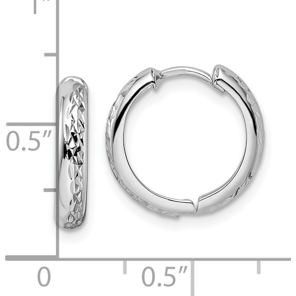 14K White Gold Polished Textured 3x15mm Hinged Hoop Earrings - Timeless Elegance in Rhodium Finish by 0