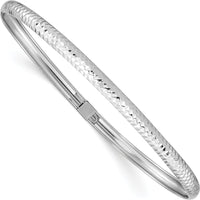 14K White Gold Polished Textured 4.00mm Flexible Oval Bangle Bracelet - Rhodium Plated with Push Clasp by Oro Pregiato