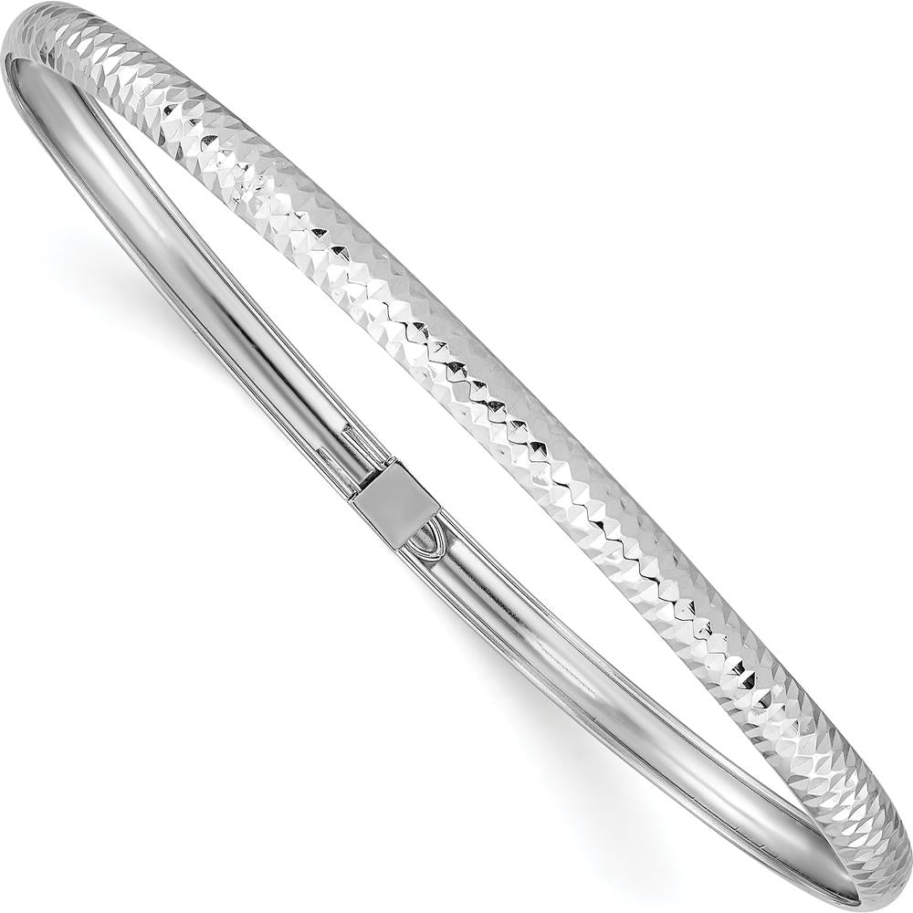 14K White Gold Polished Textured 4.00mm Flexible Oval Bangle Bracelet - Rhodium Plated with Push Clasp by Oro Pregiato