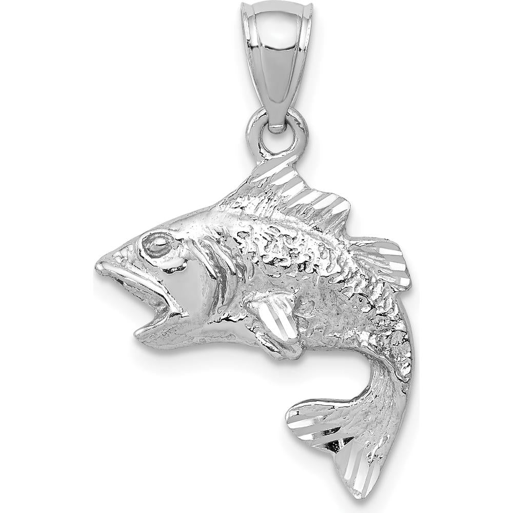 14K White Gold Polished Textured Bass Fish Pendant Charm - 20mm x 17mm by Oro Pregiato