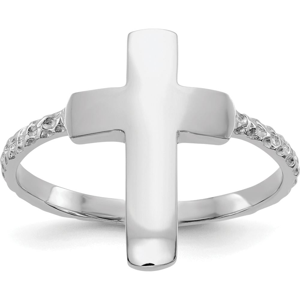 14K White Gold Polished Textured Cross Ring with Rhodium Plating by Oro Pregiato