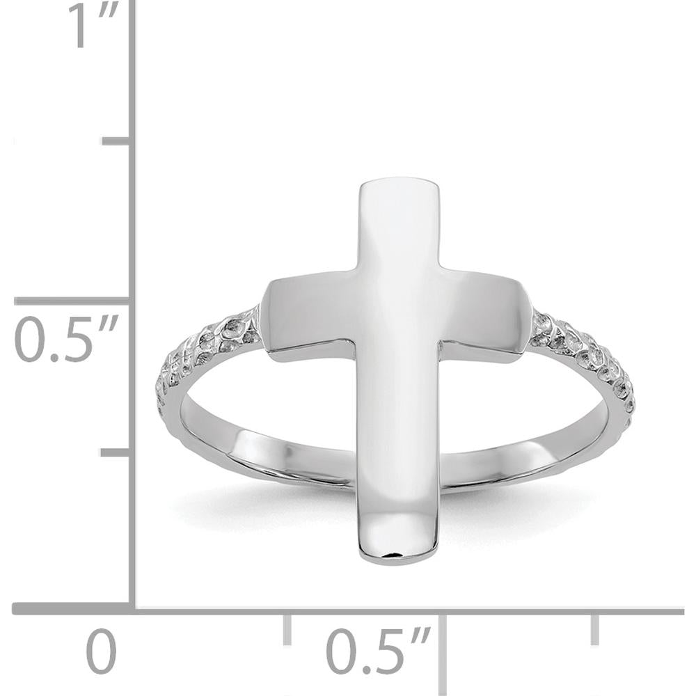 14K White Gold Polished Textured Cross Ring with Rhodium Plating by Oro Pregiato