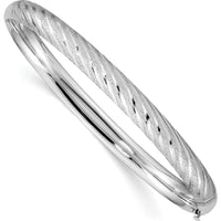14K White Gold Polished Textured Diamond-Cut 6.2mm Twisted Hinged Oval Bangle Bracelet by Oro Pregiato