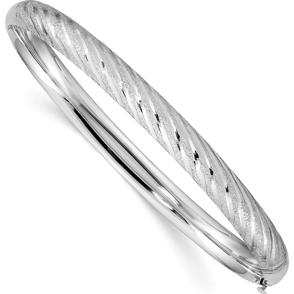 14K White Gold Polished Textured Diamond-Cut 6.2mm Twisted Hinged Oval Bangle Bracelet by Oro Pregiato