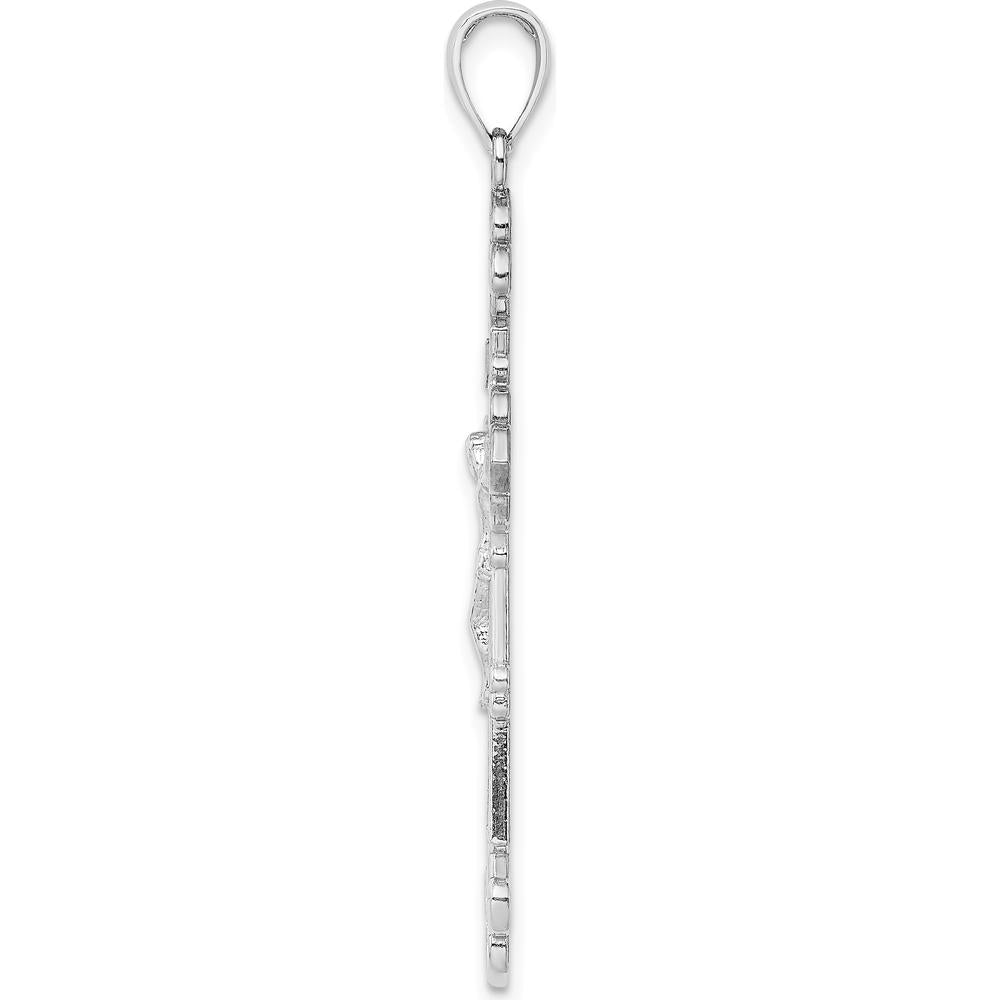 14K White Gold Polished Textured INRI Crucifix Fleur de Lis Pendant - Faith-Inspired Charm with Rhodium Plating by Oro Pregiato