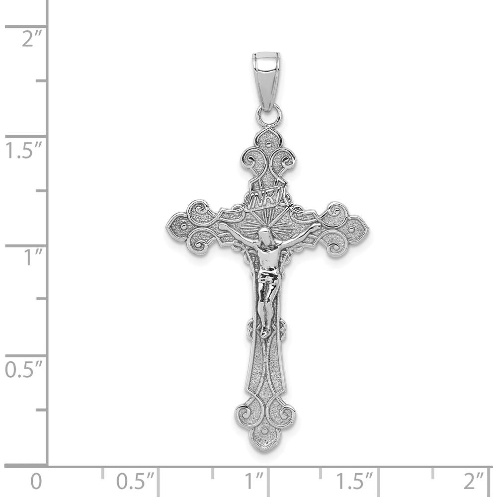 14K White Gold Polished Textured INRI Crucifix Fleur de Lis Pendant - Faith-Inspired Charm with Rhodium Plating by Oro Pregiato