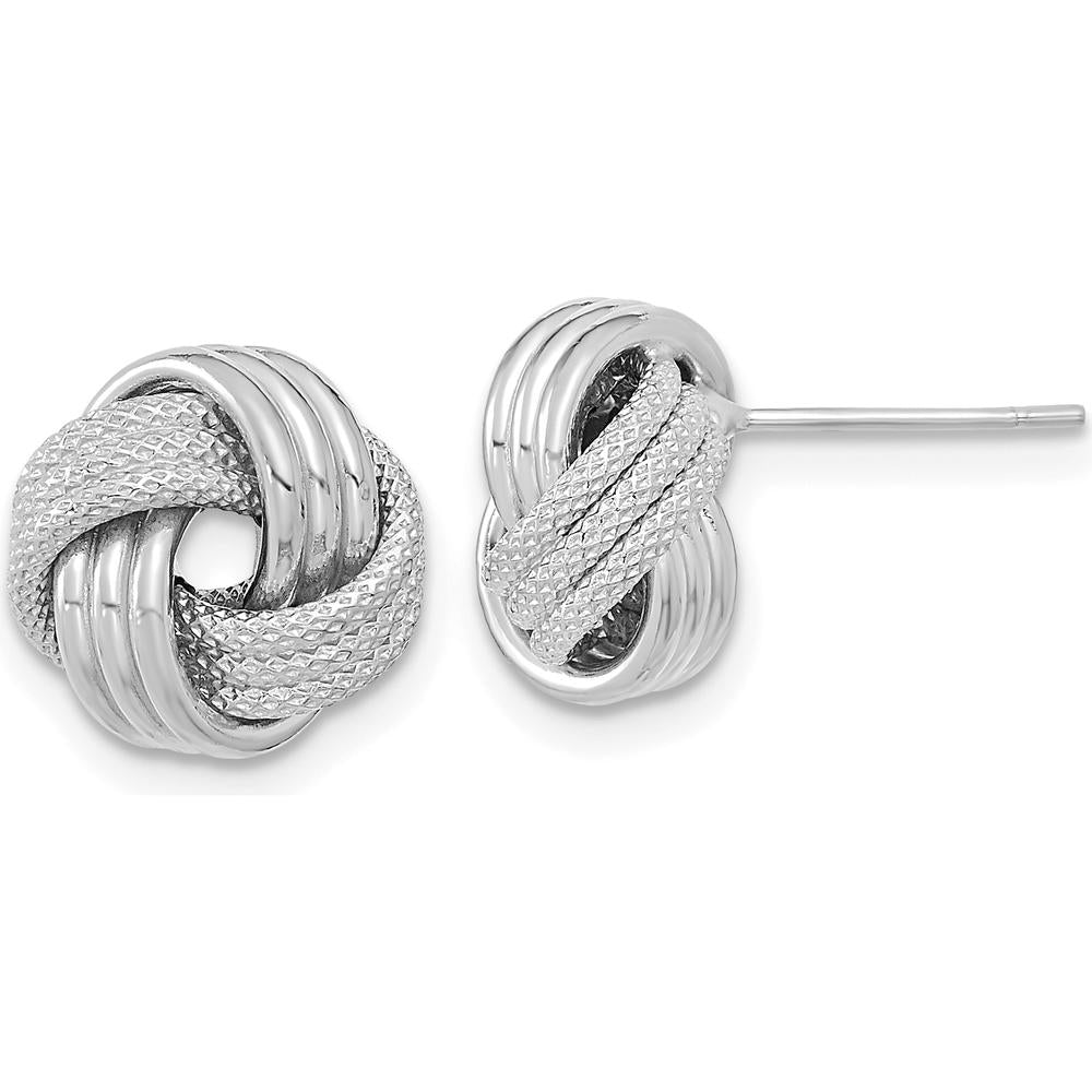 14K White Gold Polished Textured Love Knot Button Earrings - 10.5mm Length, 11.5mm Width by 0