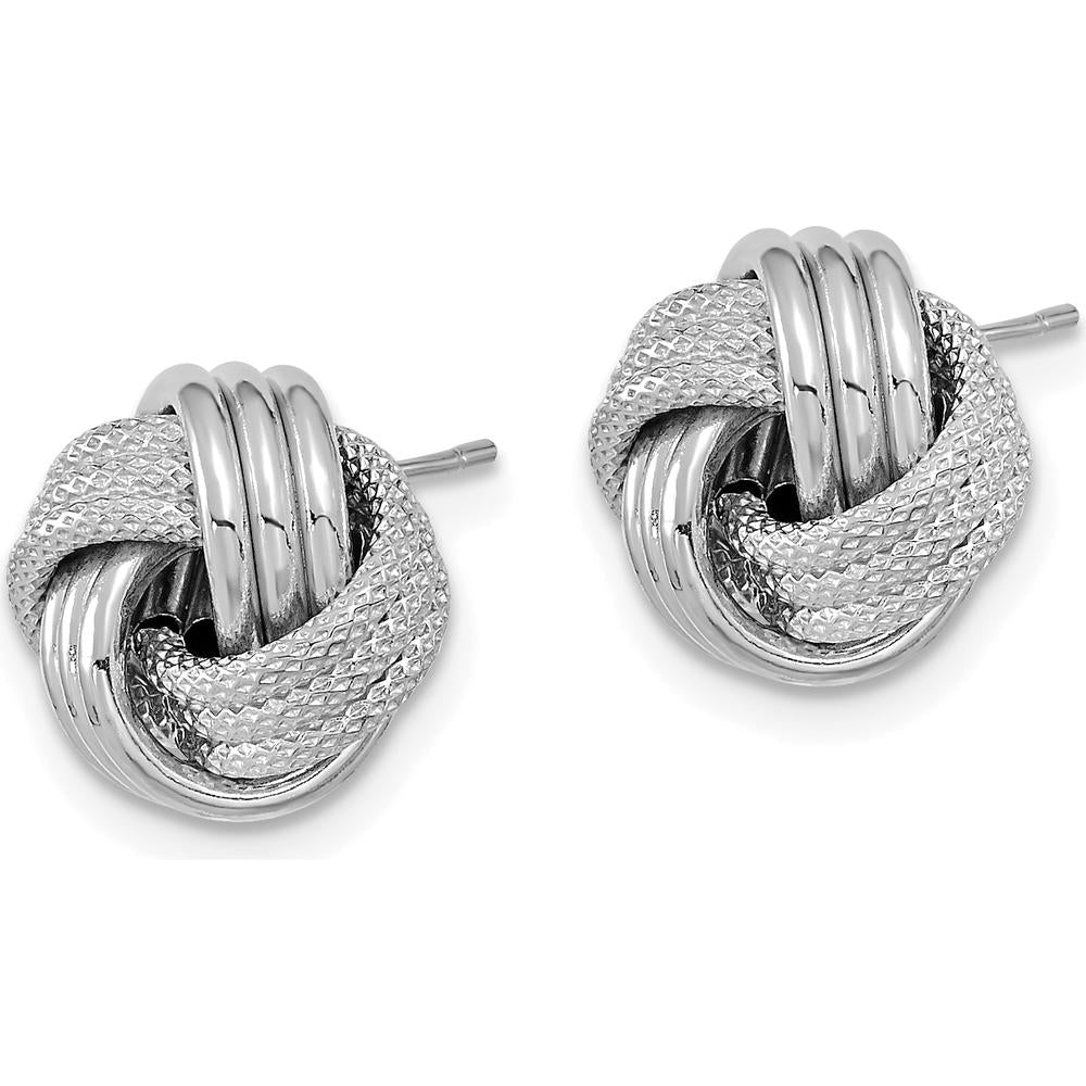 14K White Gold Polished Textured Love Knot Button Earrings - 10.5mm Length, 11.5mm Width by 0
