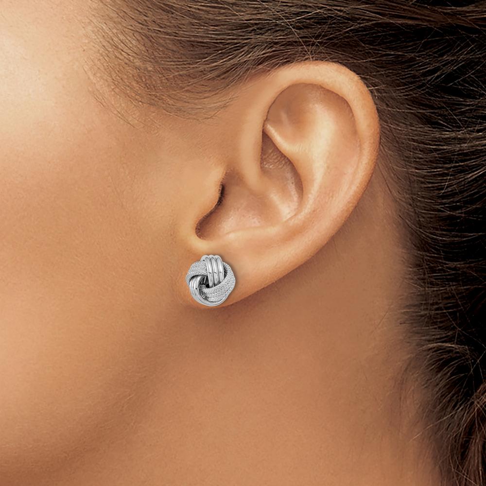 14K White Gold Polished Textured Love Knot Button Earrings - 10.5mm Length, 11.5mm Width by 0
