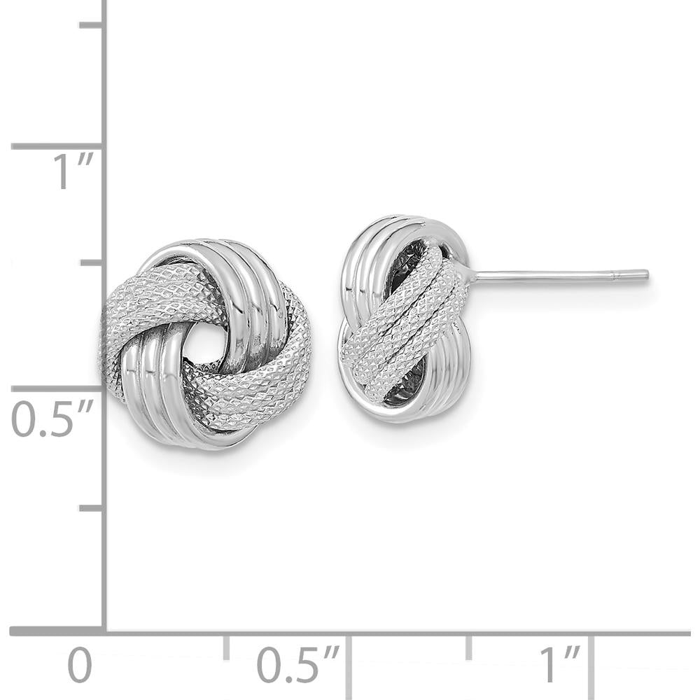 14K White Gold Polished Textured Love Knot Button Earrings - 10.5mm Length, 11.5mm Width by 0