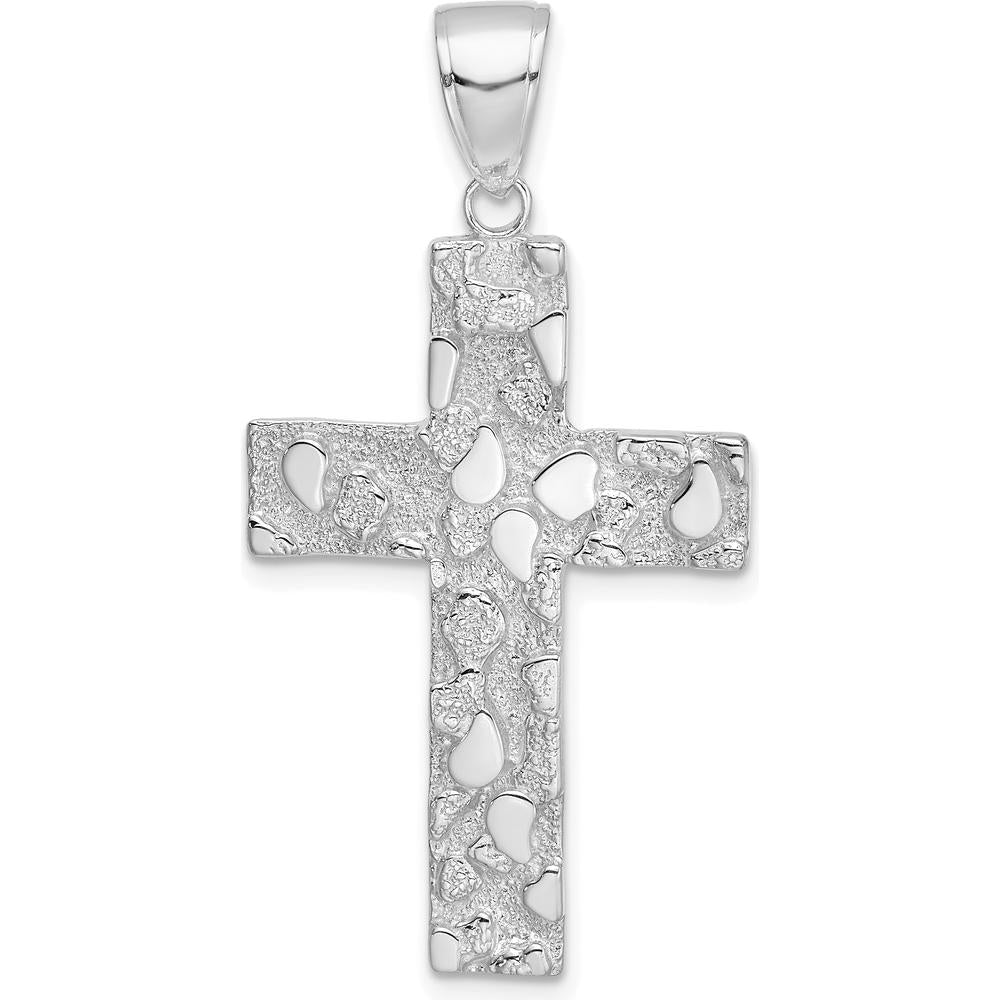 14K White Gold Polished Textured Nugget Cross Pendant with Rhodium Plating - 41.75mm Length by Oro Pregiato