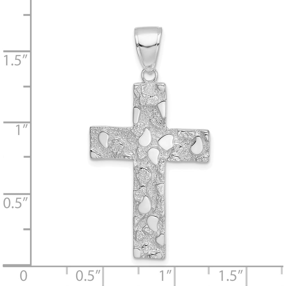 14K White Gold Polished Textured Nugget Cross Pendant with Rhodium Plating - 41.75mm Length by Oro Pregiato