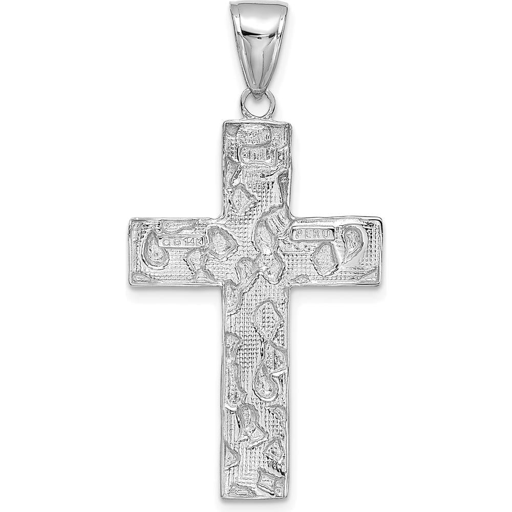 14K White Gold Polished Textured Nugget Cross Pendant with Rhodium Plating - 41.75mm Length by Oro Pregiato