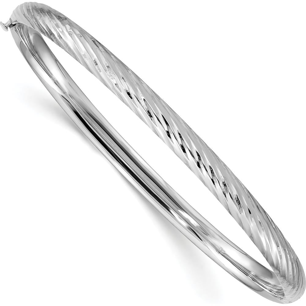 14K White Gold Polished Textured Oval Hinged Bangle Bracelet - 4.75mm Width by Oro Pregiato