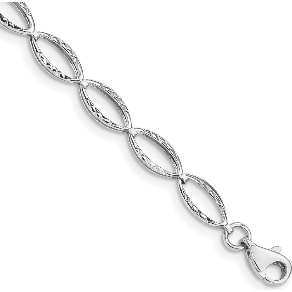 14K White Gold Polished Textured Oval Link Bracelet - 7.25" Length by Oro Pregiato