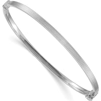14K White Gold Polished Textured Stripe Hinged Oval Bangle Bracelet - 3mm Width by Oro Pregiato