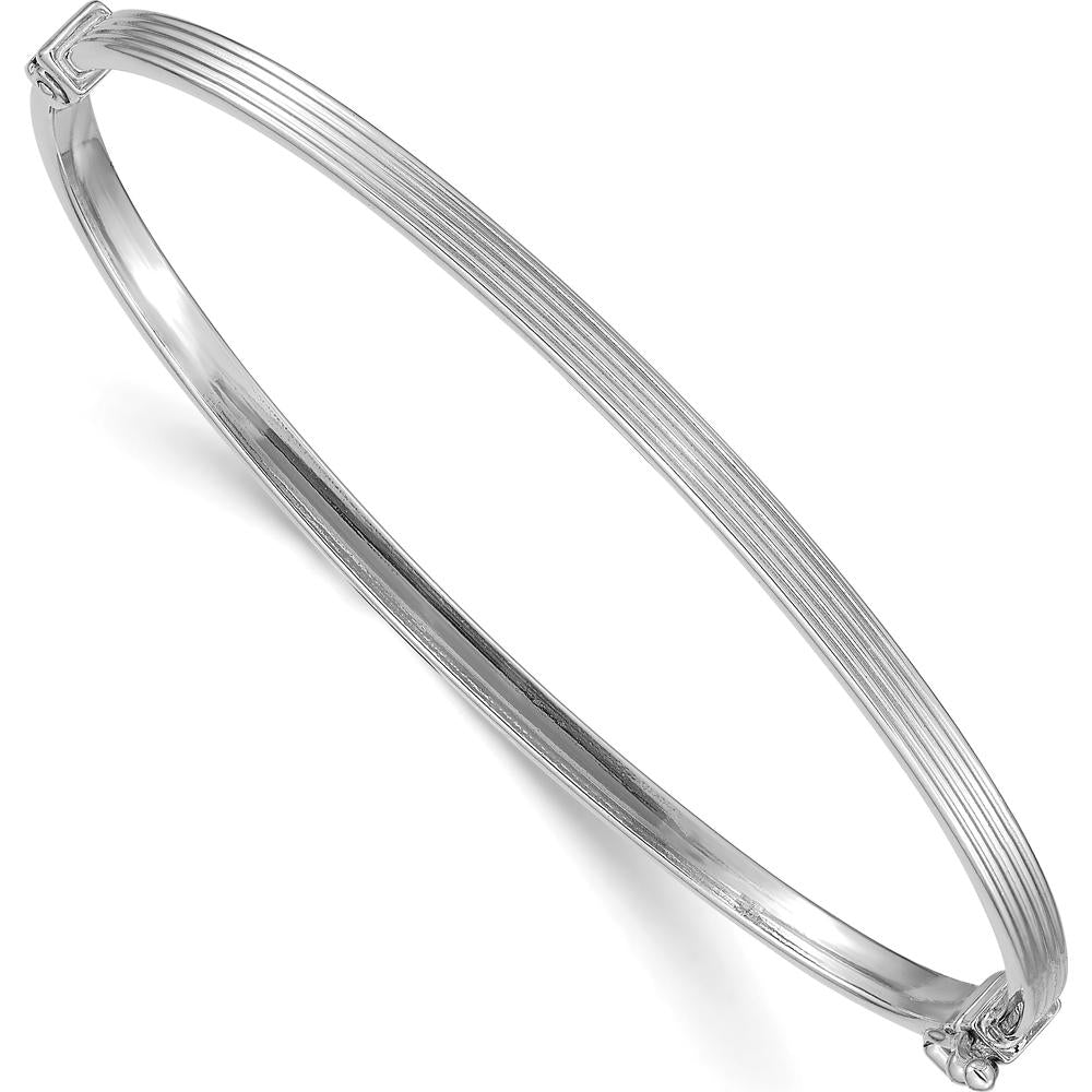 14K White Gold Polished Textured Stripe Hinged Oval Bangle Bracelet - 3mm Width by Oro Pregiato