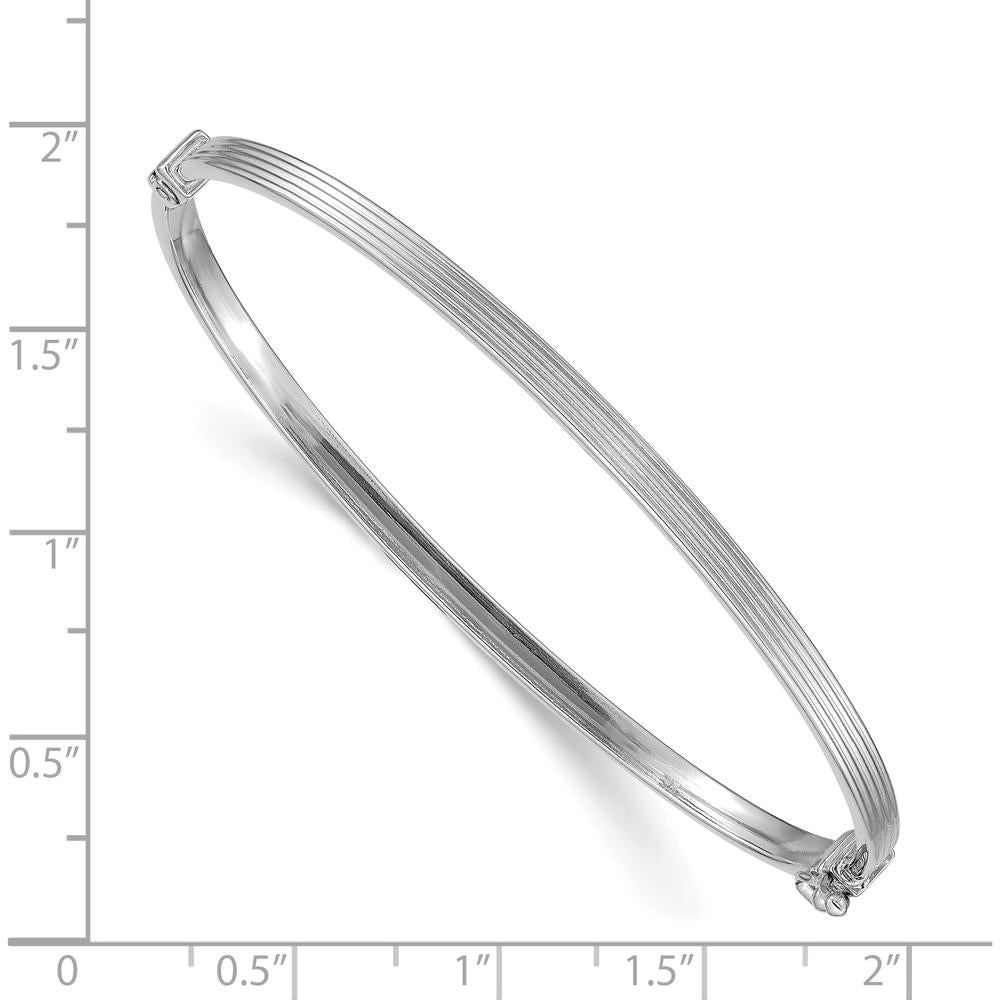 14K White Gold Polished Textured Stripe Hinged Oval Bangle Bracelet - 3mm Width by Oro Pregiato