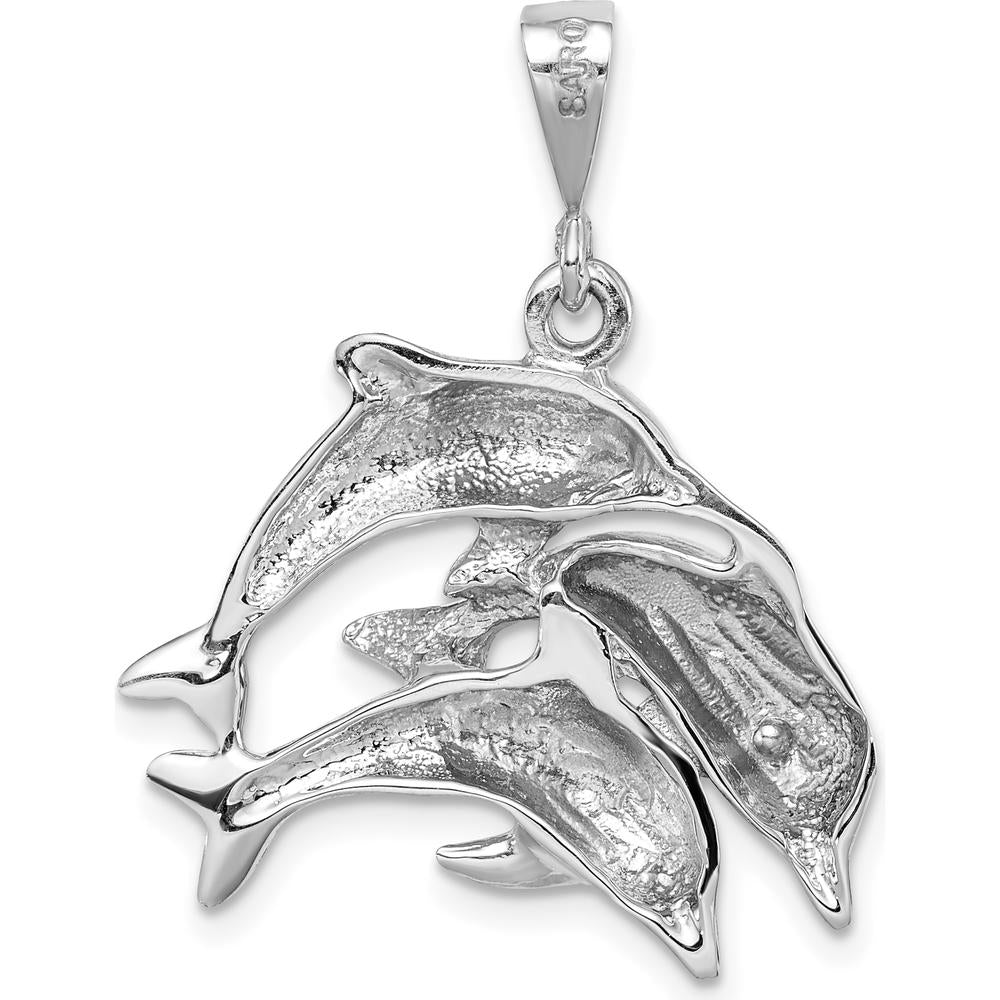 14K White Gold Polished Three Dolphin Charm Pendant - Rhodium Plated by 0