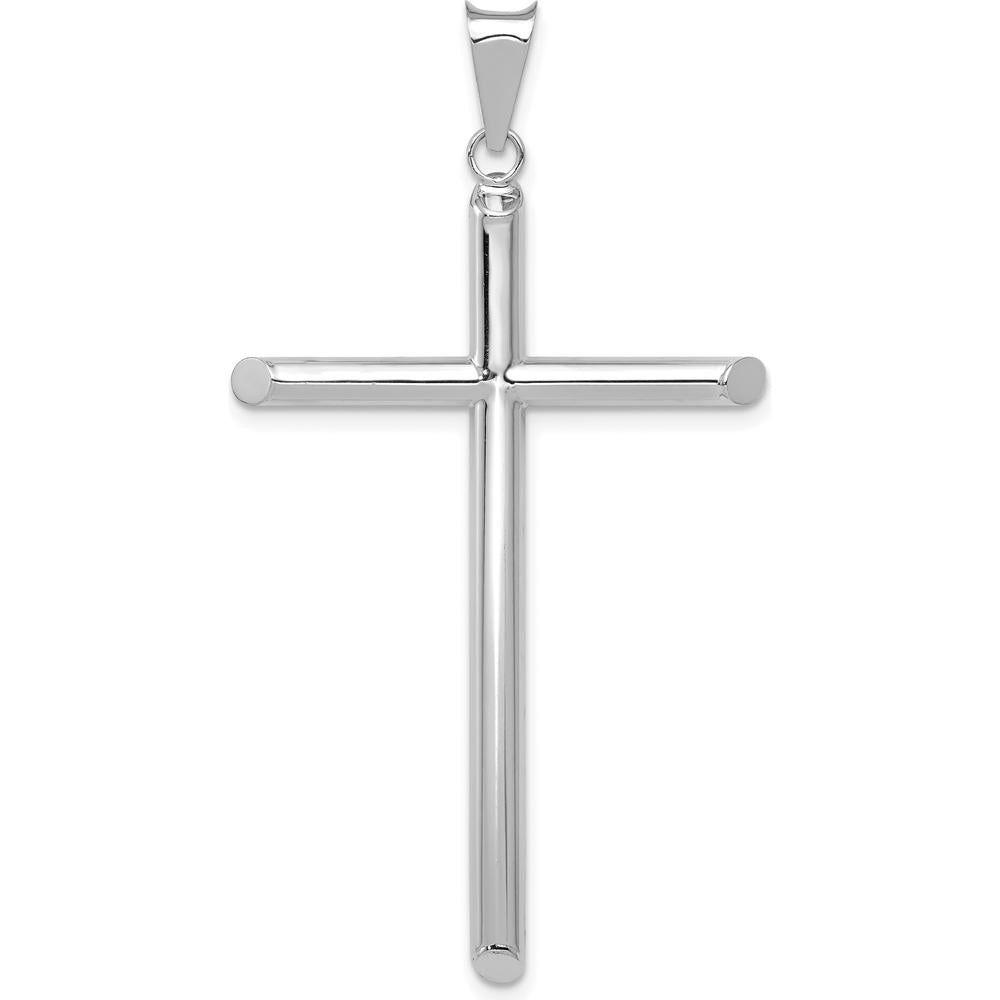14K White Gold Polished Tube Cross Pendant - 52.68mm Length with Rhodium Plating by Oro Pregiato