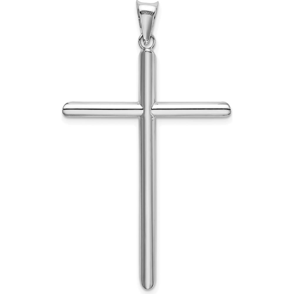 14K White Gold Polished Tube Cross Pendant - 52.68mm Length with Rhodium Plating by Oro Pregiato