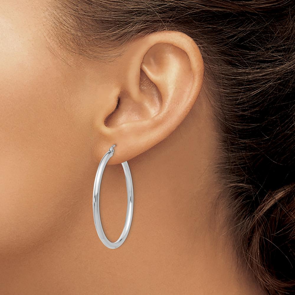 14K White Gold Polished Tube Hoop Earrings - 40mm Length by 0