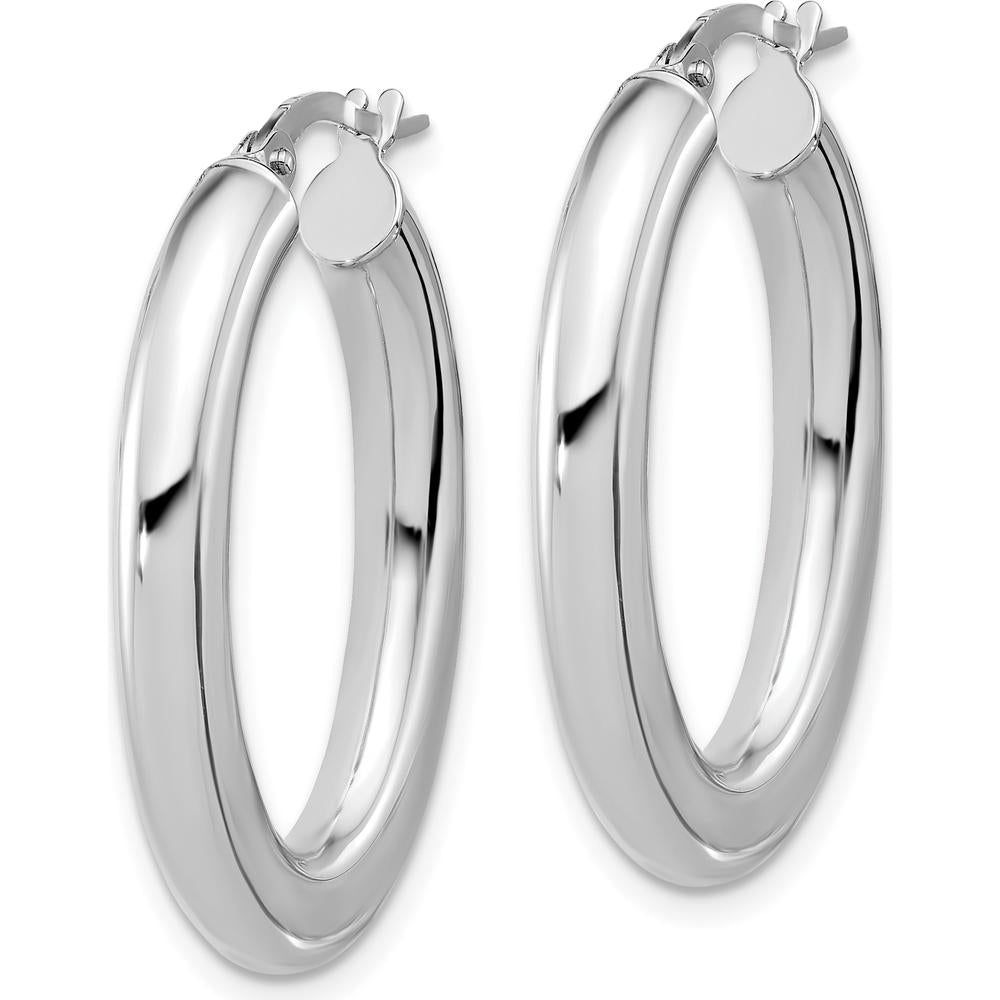 14K White Gold Polished Tube Oval Hoop Earrings - Elegant Design with Rhodium Plating by 0