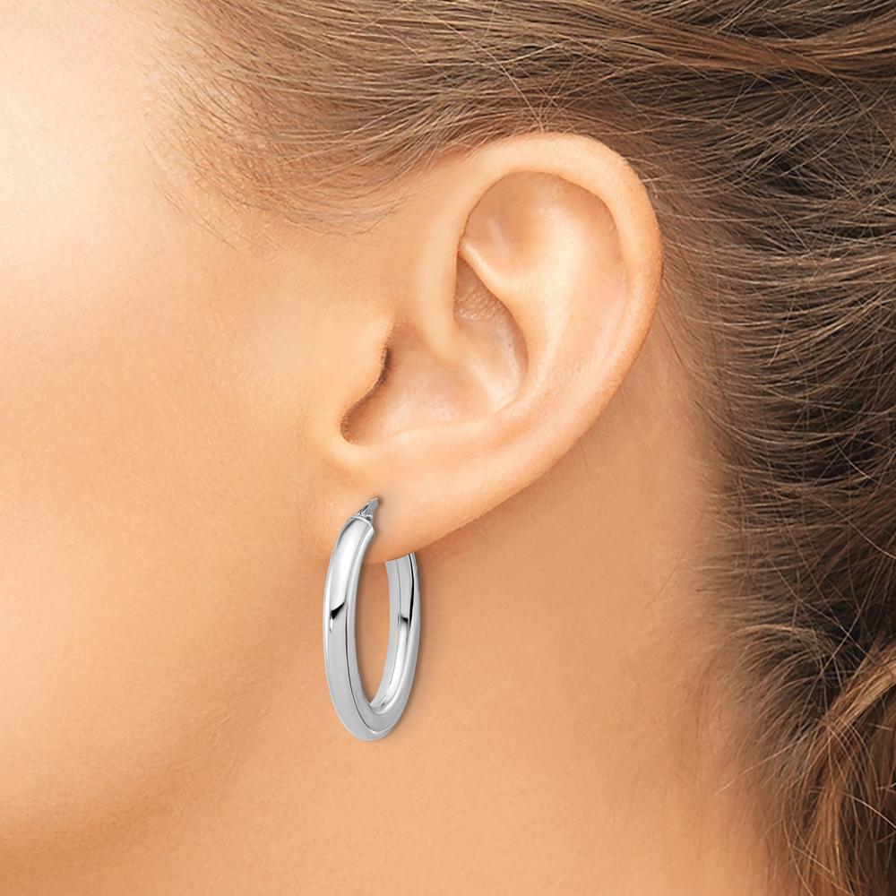 14K White Gold Polished Tube Oval Hoop Earrings - Elegant Design with Rhodium Plating by 0