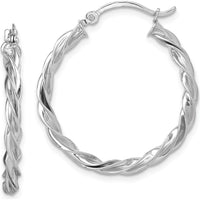 14K White Gold Polished Twisted Hoop Earrings with Rhodium Finish - 26.5mm Diameter by 0