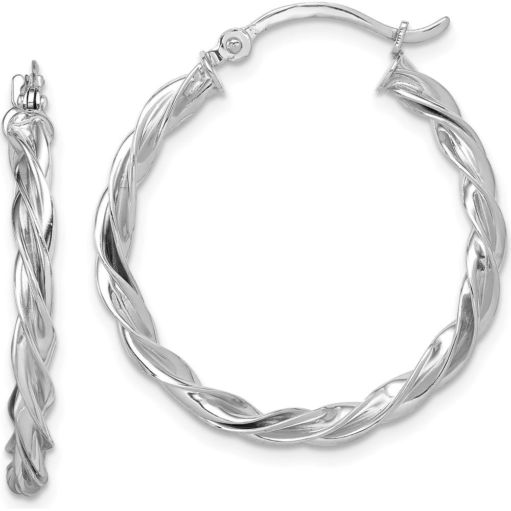 14K White Gold Polished Twisted Hoop Earrings with Rhodium Finish - 26.5mm Diameter by 0