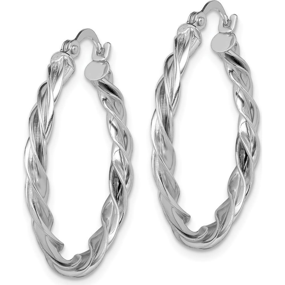 14K White Gold Polished Twisted Hoop Earrings with Rhodium Finish - 26.5mm Diameter by 0