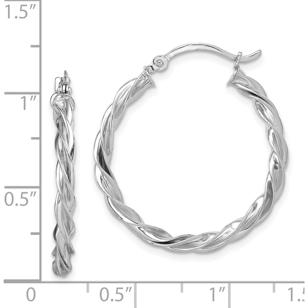 14K White Gold Polished Twisted Hoop Earrings with Rhodium Finish - 26.5mm Diameter by 0