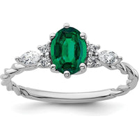 14K White Gold Polished Twisted Ring with Oval Lab-Created Emerald and Marquise & Round Diamonds - 0.82 Carat Total Diamond Weight by 0