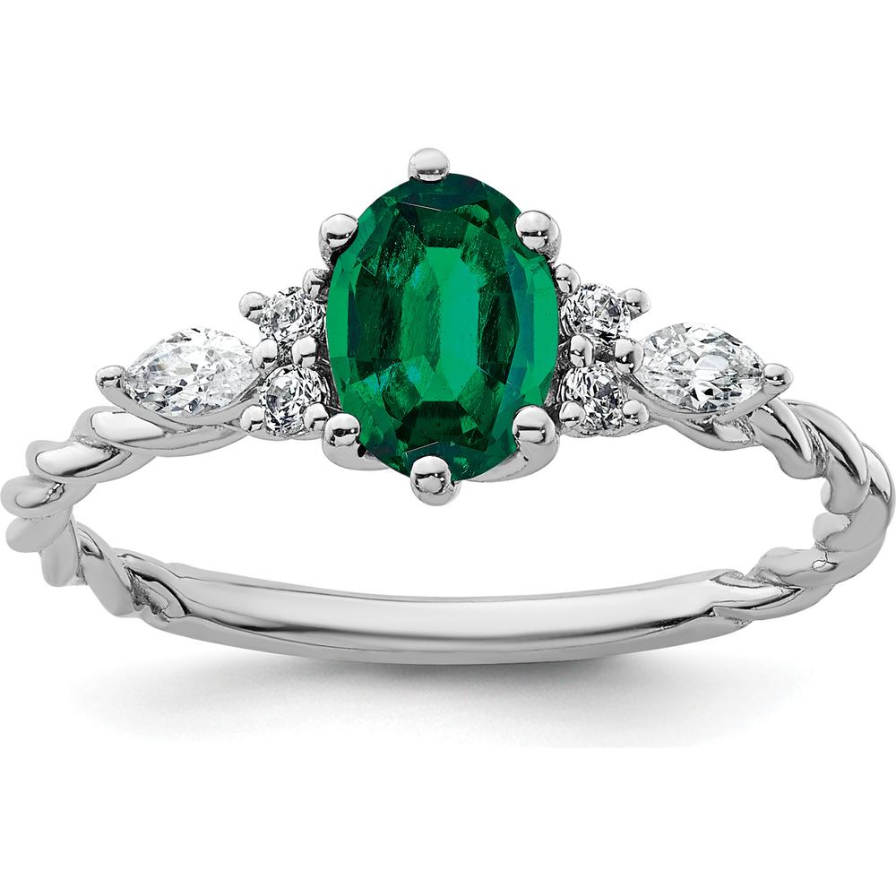 14K White Gold Polished Twisted Ring with Oval Lab-Created Emerald and Marquise & Round Diamonds - 0.82 Carat Total Diamond Weight by 0