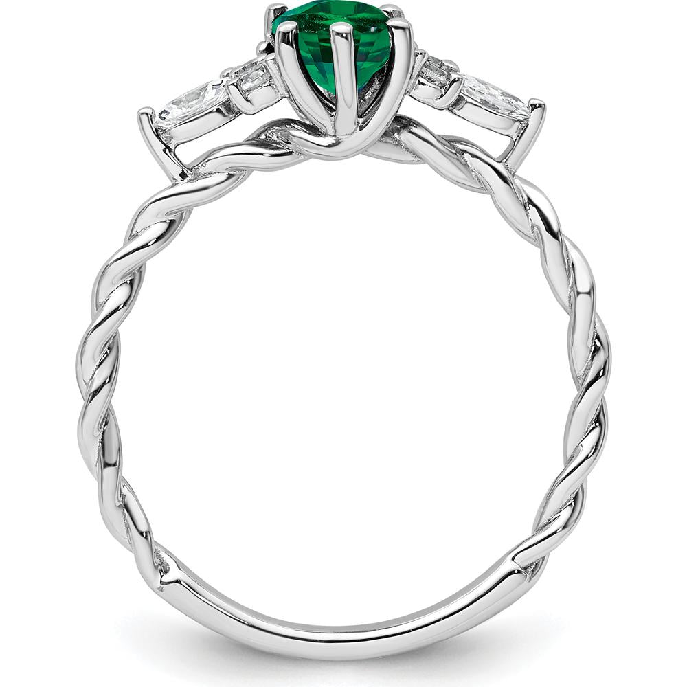 14K White Gold Polished Twisted Ring with Oval Lab-Created Emerald and Marquise & Round Diamonds - 0.82 Carat Total Diamond Weight by 0