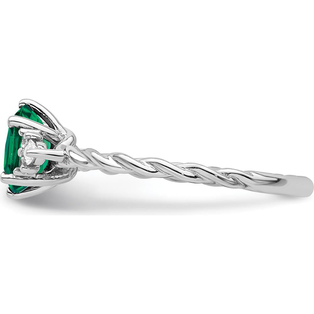 14K White Gold Polished Twisted Ring with Oval Lab-Created Emerald and Marquise & Round Diamonds - 0.82 Carat Total Diamond Weight by 0