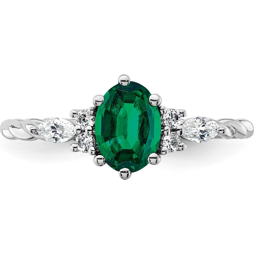 14K White Gold Polished Twisted Ring with Oval Lab-Created Emerald and Marquise & Round Diamonds - 0.82 Carat Total Diamond Weight by 0