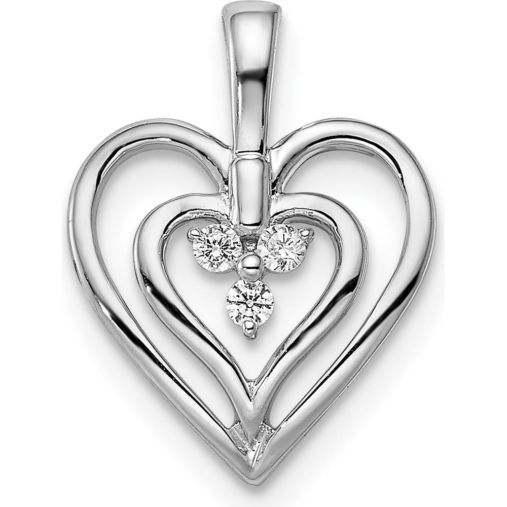 14K White Gold Polished Two Hearts Diamond Pendant with 3 Round Diamonds - 0.0186 Carat Total Diamond Weight by Oro Pregiato