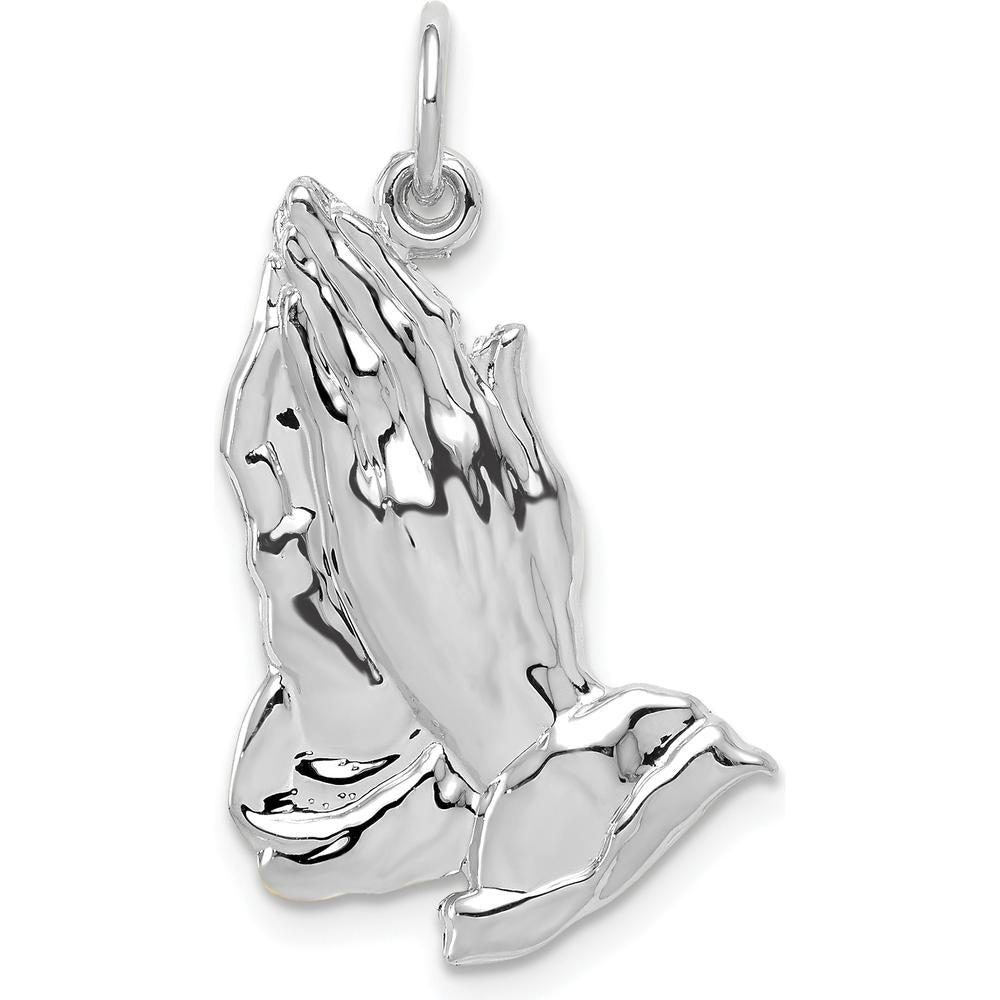 14K White Gold Praying Hands Pendant with Polished Rhodium Finish - 26mm Length by Oro Pregiato