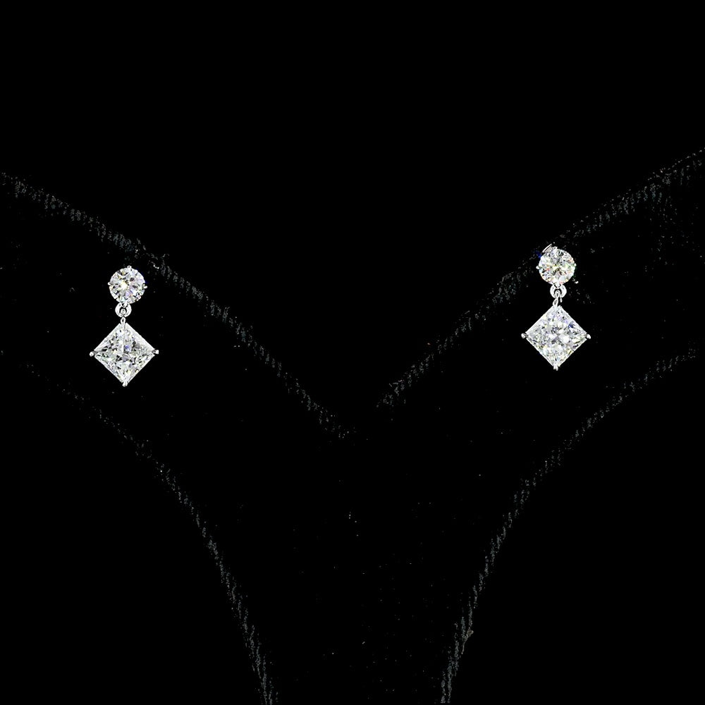 14K White Gold Princess and Brilliant Cut Lab Diamond Drop Earrings - 1.40 Carat Total Weight, E-F Color VS Clarity - Covaloro Fine Jewelry