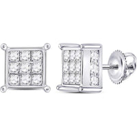 14K White Gold Princess and Round Diamond Square Earrings - 2.00 Carat Total Diamond Weight